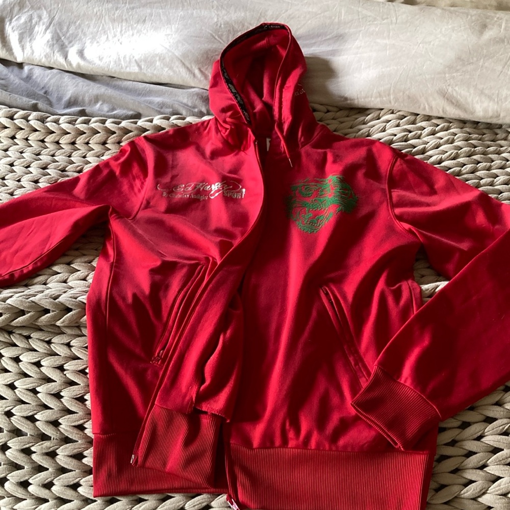 Ed Hardy by Christian Audigier red zip up hoody size S